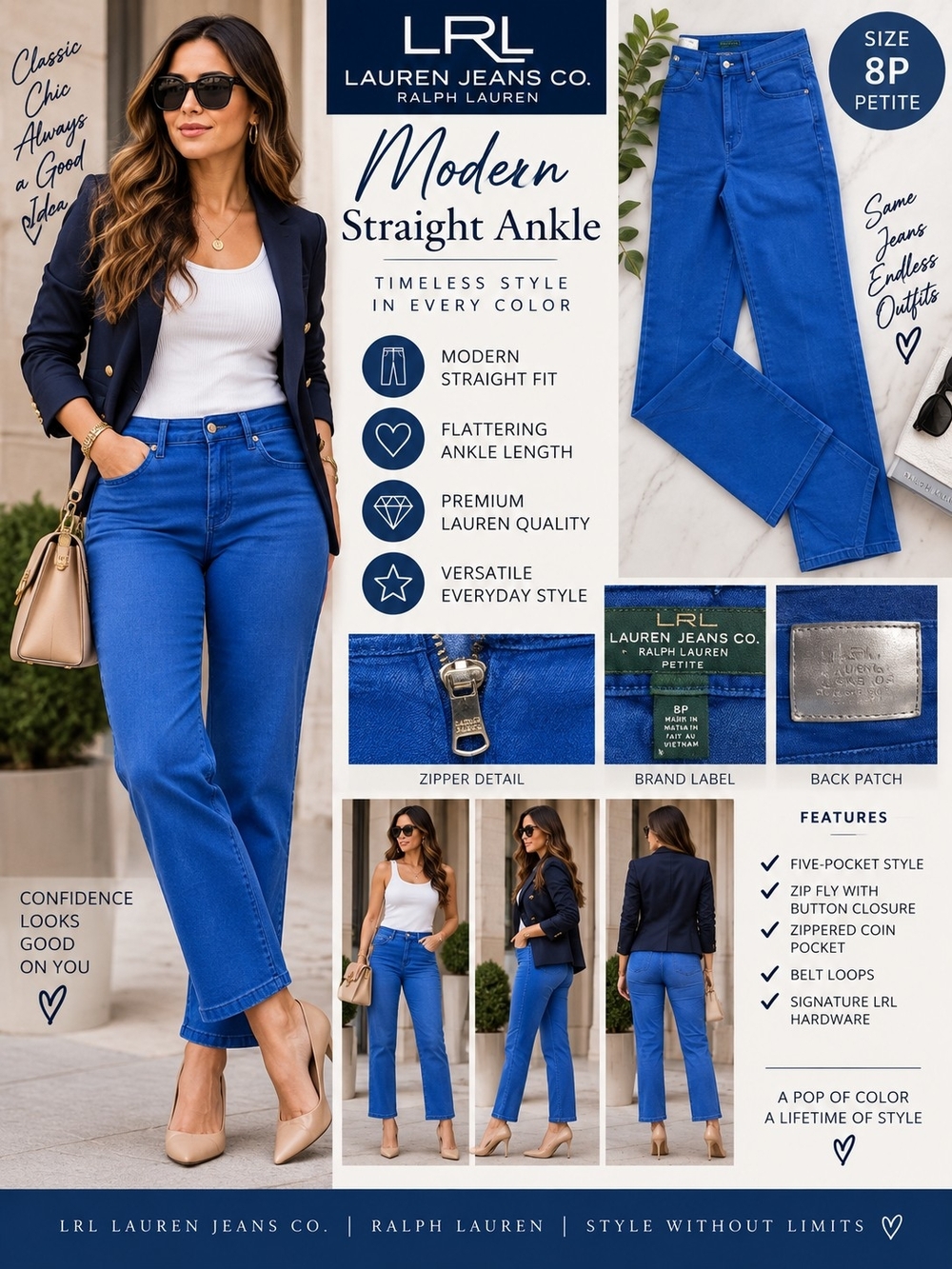 Ralph Lauren LRL Modern Straight Ankle Jeans Cobalt Blue 8P Petite